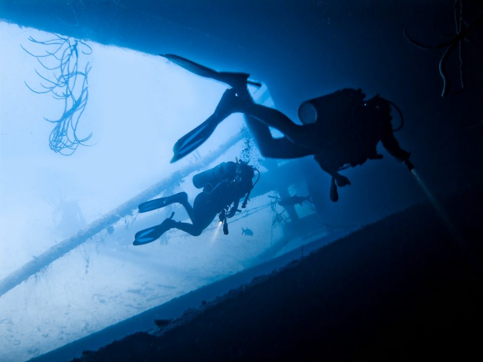 two person scuba diving in water